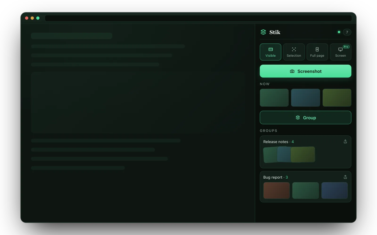 The Stik side panel docked in a browser: capture-mode switcher, a NOW tray of fresh shots, and saved groups ready to share.